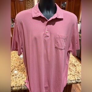 Peter Millar men’s golf polo. Sharp coral print w/blue stripes. Large. EUC